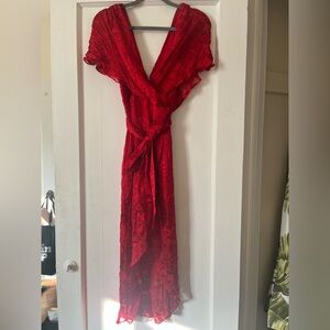 Alice + Olivia Darva Gathered Mock Wrap Midi Baroque Floral Ruby Dress s…